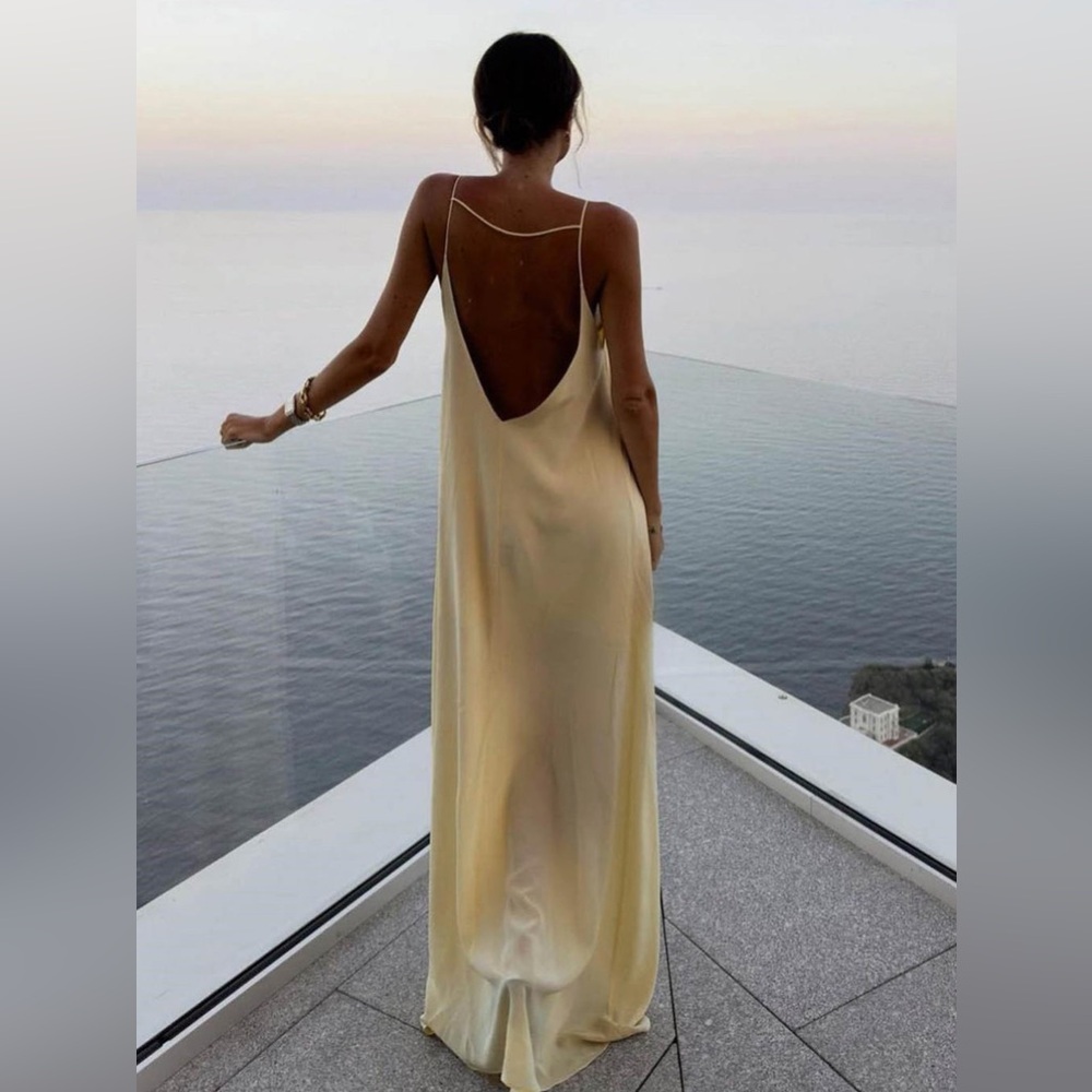 Backless Vacation Satin Long Dress in color-Apricot
